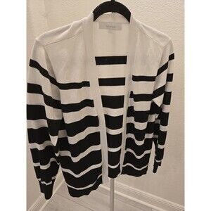 Verve Ami L Coastal Grandmother Cardigan Striped Open Front Quiet Luxury B/W